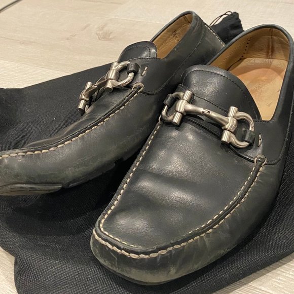 Ferragamo Black Leather Loafers Size 10